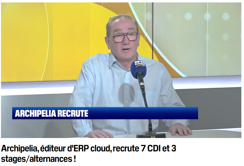 BFMbusiness-Archipelia Bruno Watine au micro de 90 Minutes Business avec un bandeau "Archipelia recrute" incrusté à l'image