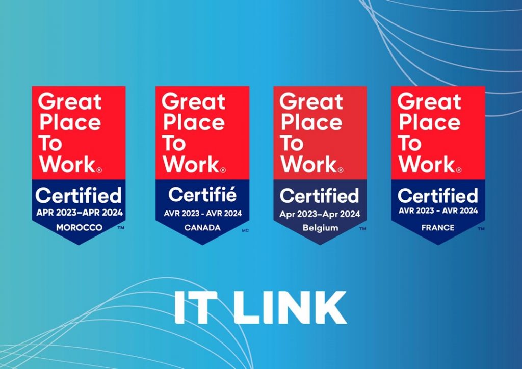 Cette image affiche les certifications Great Place to Work pour le Maroc, le Canada, la Belgique et la France.