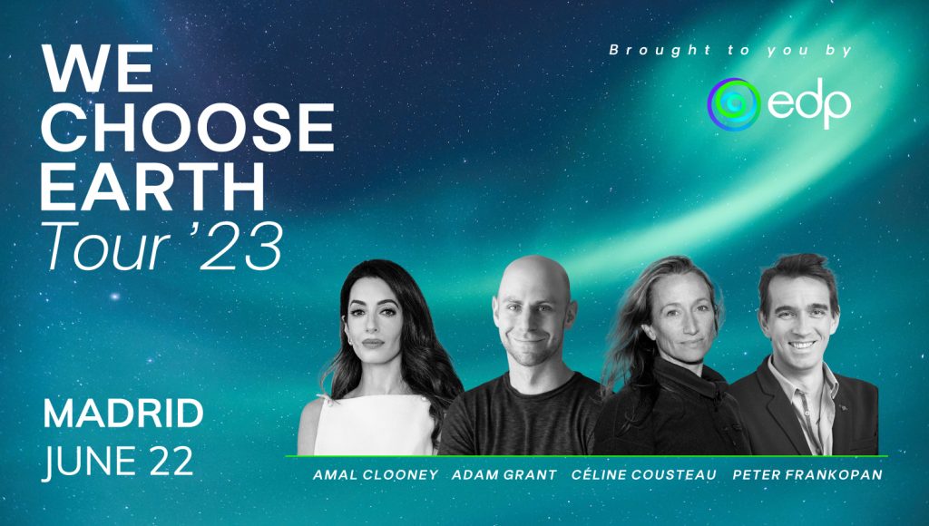 We choose earth tour'23, avec des photos d'Amal Clooney, Adam Grant, Céline Cousteau et Peter Frankopan