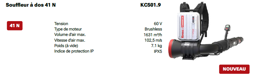 Caractéristiques de souffleur dorsal Kress KC501.9 : 60V, 1631 m3/h, 102.5 m/s, 7.1 Kg, IPX5