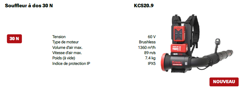 caractérisitques du souffleur Kress KC501.9 : tension 60V, volume d'air max 1360 m3/h, vitesse d'air max 89 m/s, poinds à vide 7,4 Kg