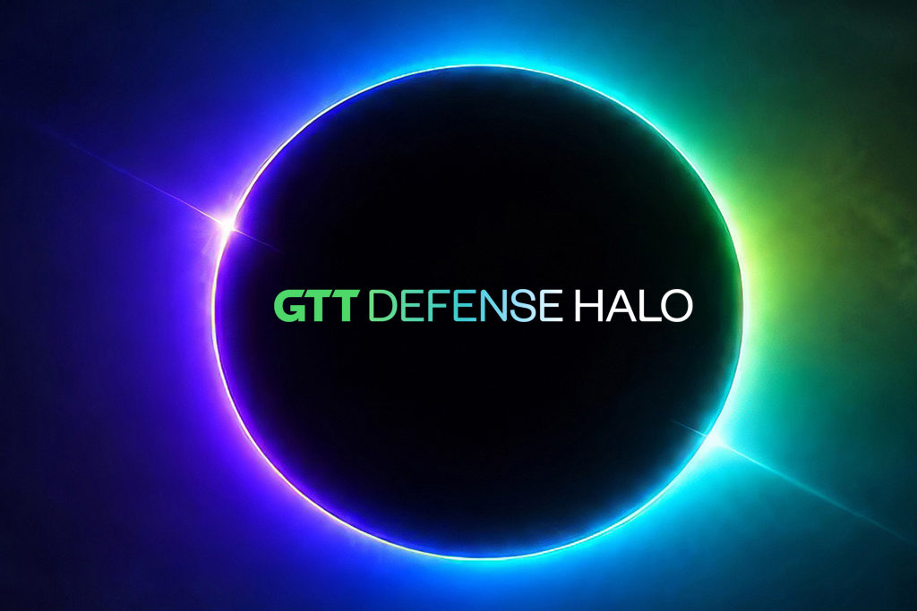 GTT Defense Halo - écrit en dégradé vert vers blanc sur fond rond noir