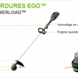 Présentation du coupe-bordures électrique à batterie ST1510E EGO avec vitesse variable, verrouillage de sécurité, poignée ajustable, stystème de recharge entièrement automatique Powerload, largeur de coupe 38cm, diamètre du fil 2.4mm