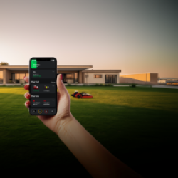 ROBOT TONDEUSE KRESS devant une belle villa avec une main tenant un téléphone avec l'appli pour gérer le robot