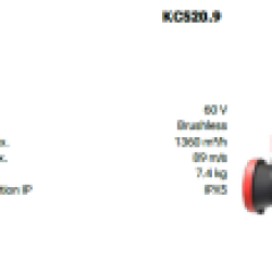 caractérisitques du souffleur Kress KC501.9 : tension 60V, volume d'air max 1360 m3/h, vitesse d'air max 89 m/s, poinds à vide 7,4 Kg