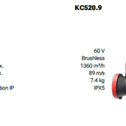 caractérisitques du souffleur Kress KC501.9 : tension 60V, volume d'air max 1631 m3/h, vitesse d'air max 102.5 m/s, poinds à vide 7,1 Kg